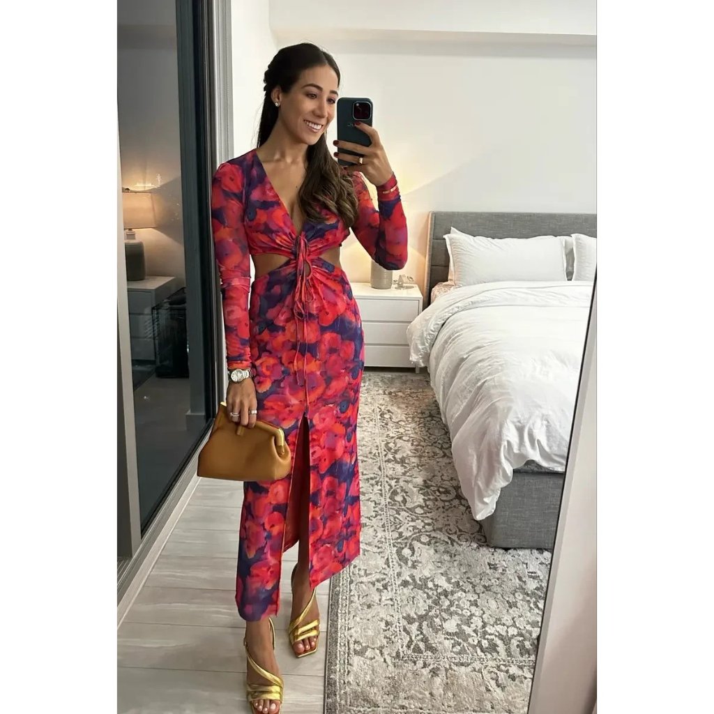 Tie-Front Floral Maxi Dress In Red And Purple